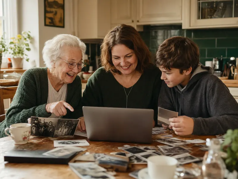 Three generations sorting old photos at the kitchen table for a shared book