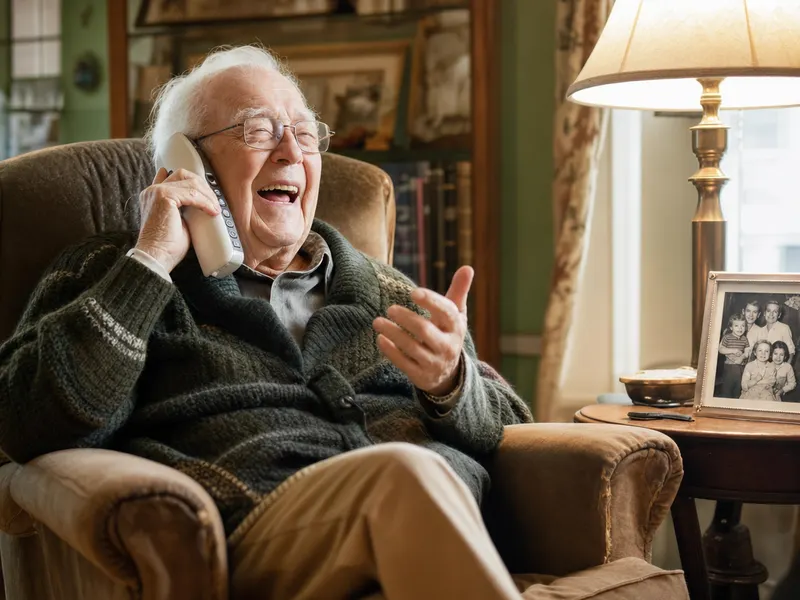 Elderly man in his armchair, laughing while telling a story on the phone
