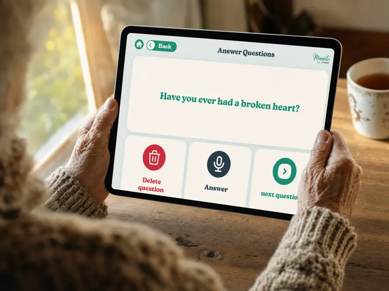 Hands holding a tablet showing one large question and a big microphone button