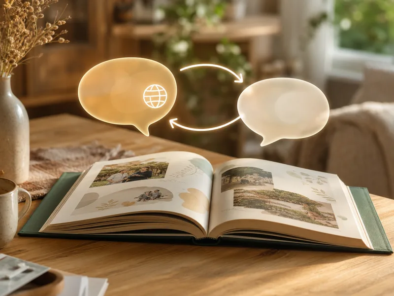 An open Meminto book with two speech bubbles above it carrying a story from one language into another