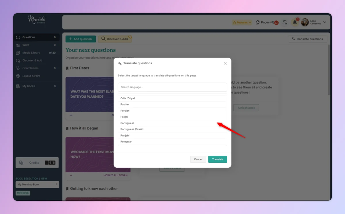 Meminto dialog with search field and list for selecting the target language for questions