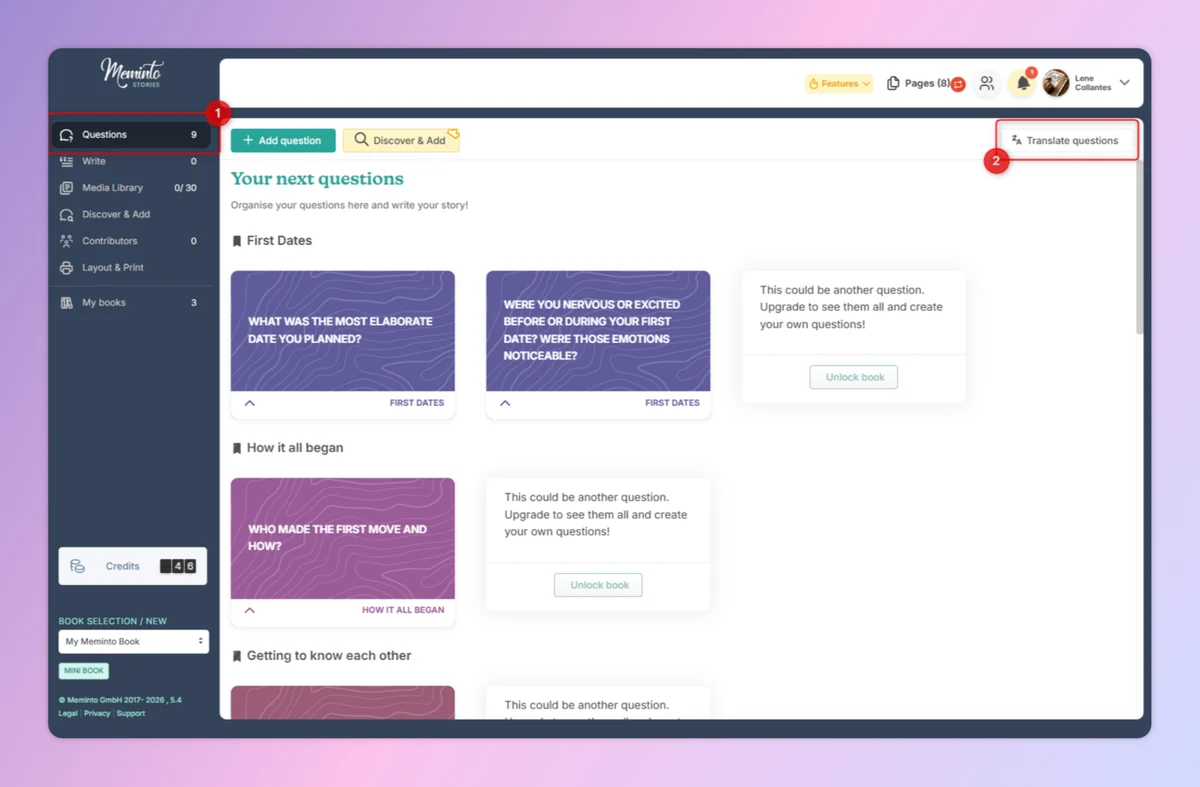 Meminto questions overview with the Questions area and Translate questions button highlighted