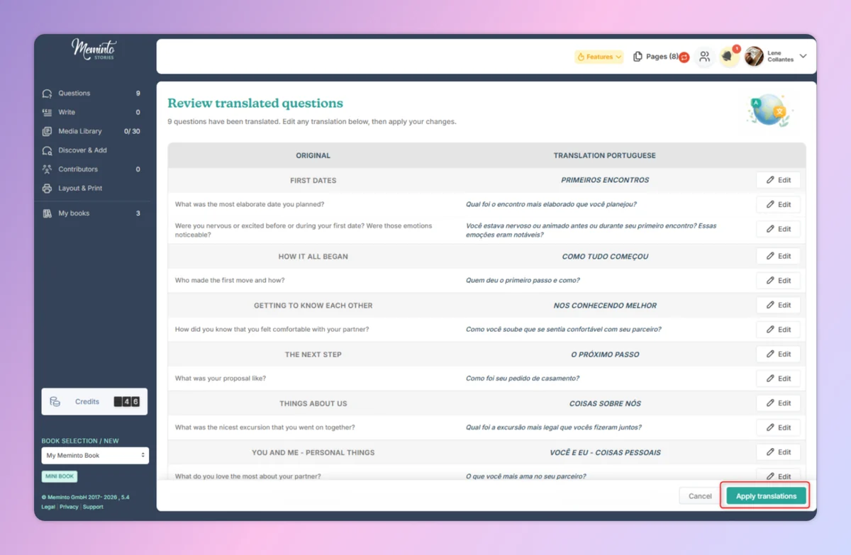 Meminto review screen with original questions, translated questions and edit options