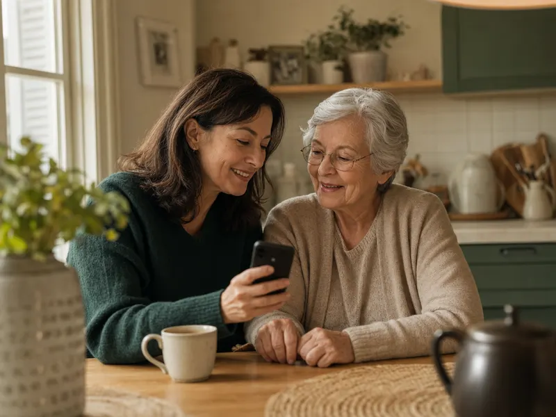 A grown daughter and her elderly mother setting up the questions together on a phone at the kitchen table