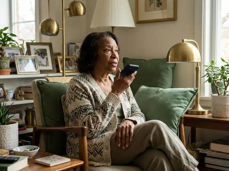 An older person comfortably telling a memory into a smartphone