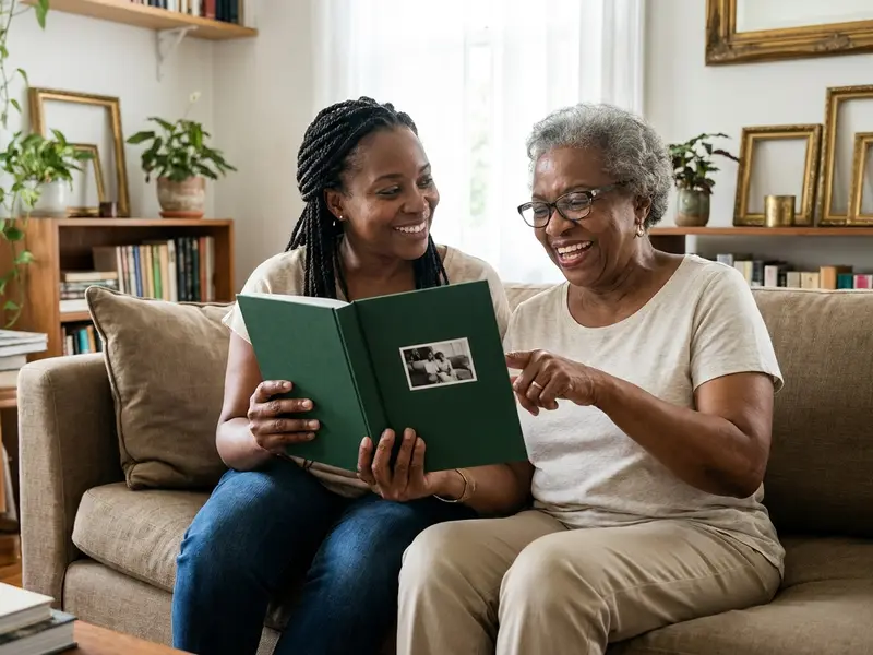 An adult child and their older parent looking at the finished Meminto book with a photo cover together