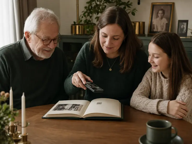 A family scans a QR code on a book page together