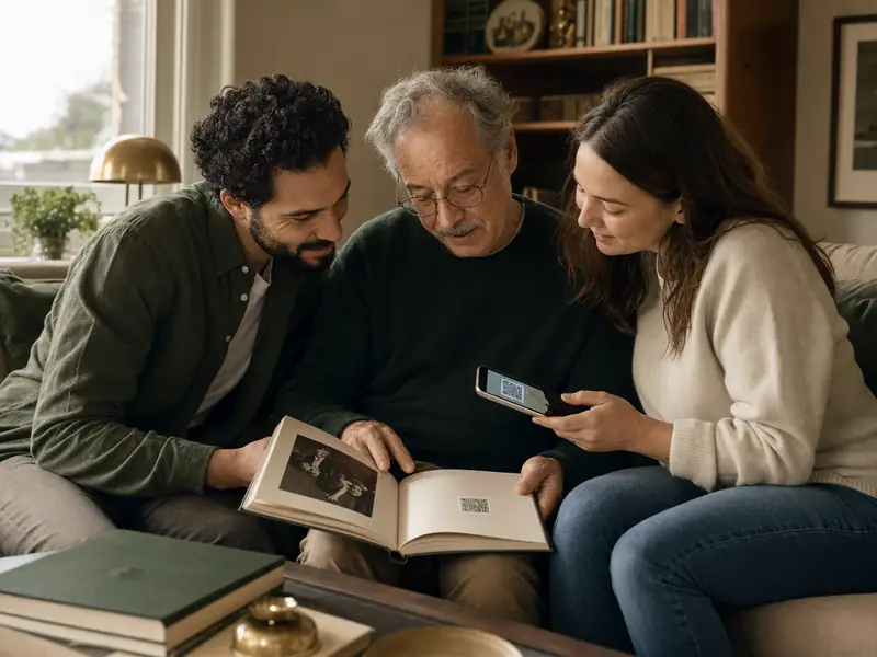Eine kleine Familie scannt einen QR-Code auf einer Buchseite
