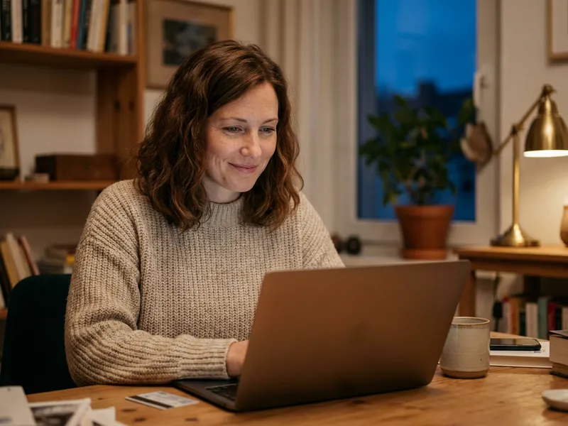 Eine Frau bestellt am Laptop heimlich ein Beziehungsbuch