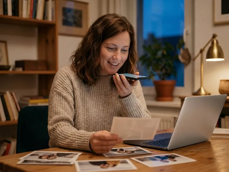 Dieselbe Frau legt Fotos aus und nimmt ein Sprachmemo auf