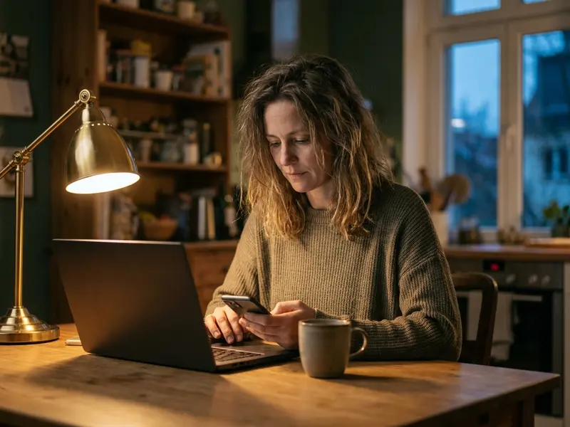 A daughter sets up the parents book at her kitchen table in the evening and messages her brother