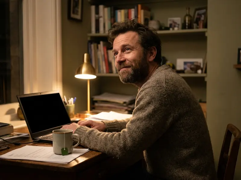 A son sits alone at his desk in the evening and starts the parents book