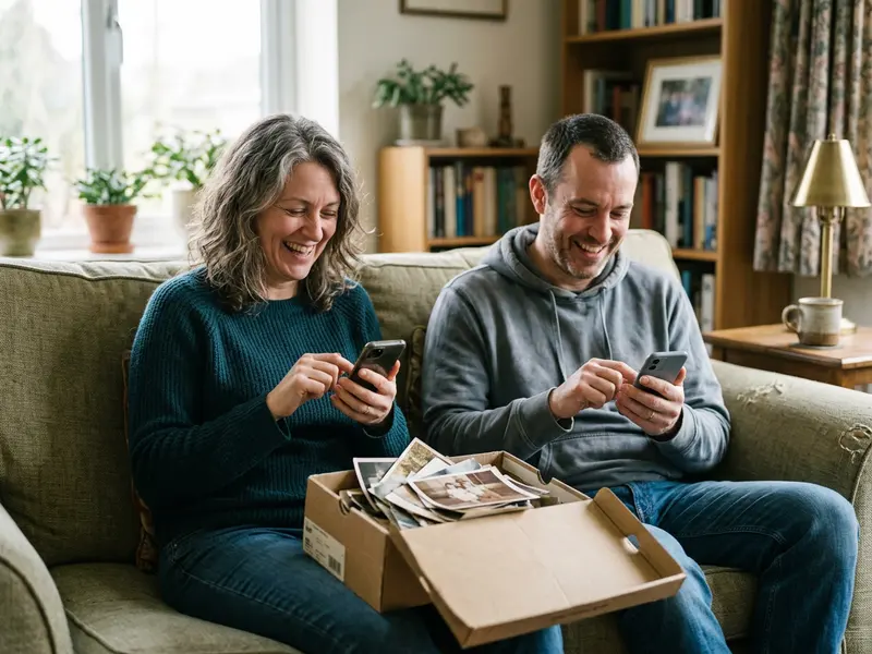 Two adult siblings sit on a sofa answering questions on their own phones