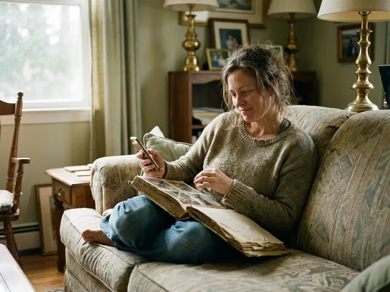 A daughter answers a question with an old photo album open on her lap