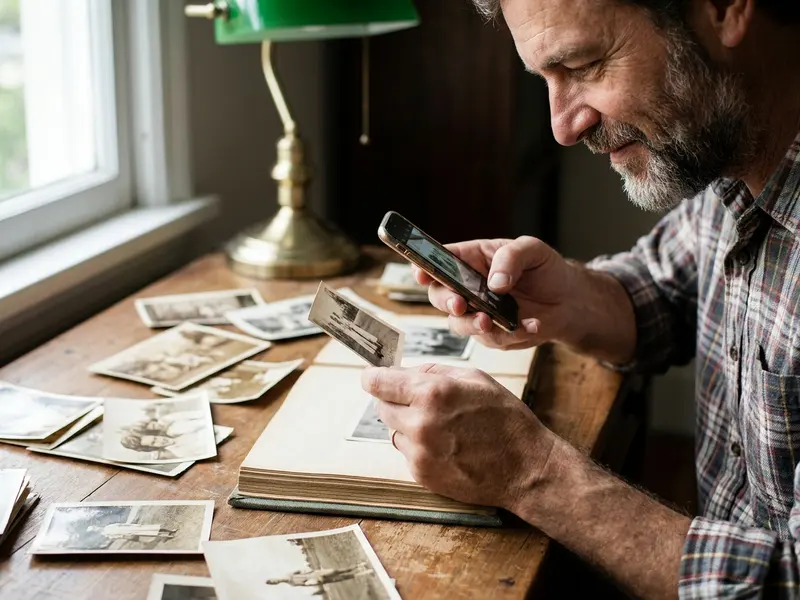 A son photographs old family prints with his phone