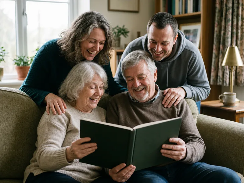 Adult children go through the finished printed parents book with their parents