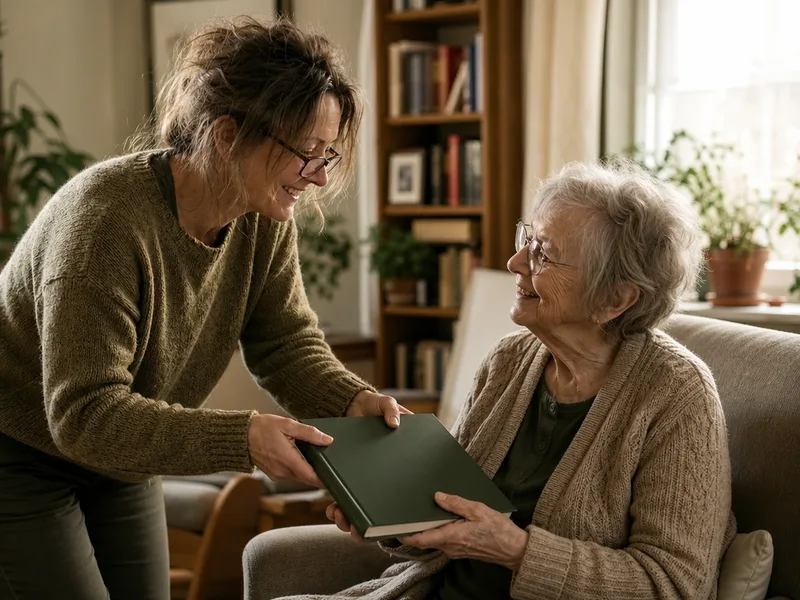 A daughter hands her mother the finished printed parents book