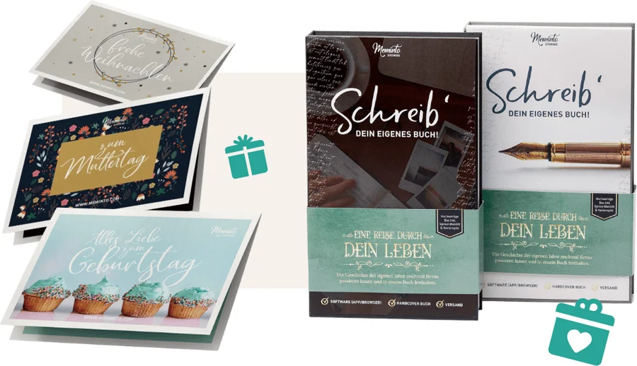 Meminto Geschenk-Optionen: Grußkarten zu Weihnachten, Muttertag und Geburtstag sowie die Geschenk-Box „Schreib dein eigenes Buch“