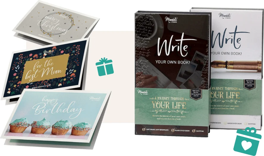 Meminto gift options: greeting cards for Christmas, Mother’s Day and birthdays plus the “Write your own book” gift box