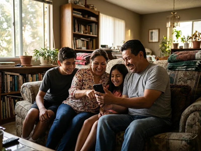 Familie sitzt lachend zusammen auf dem Sofa und schaut auf ein Smartphone