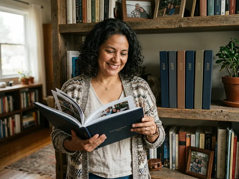 Frau hält ihr neues Jahrbuch, dahinter im Regal die Bände der vergangenen Jahre