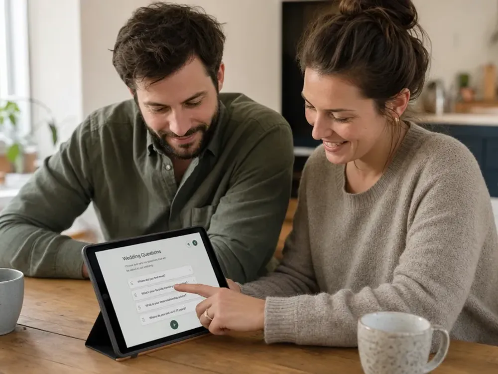 A couple relaxes with a tablet, answering questions