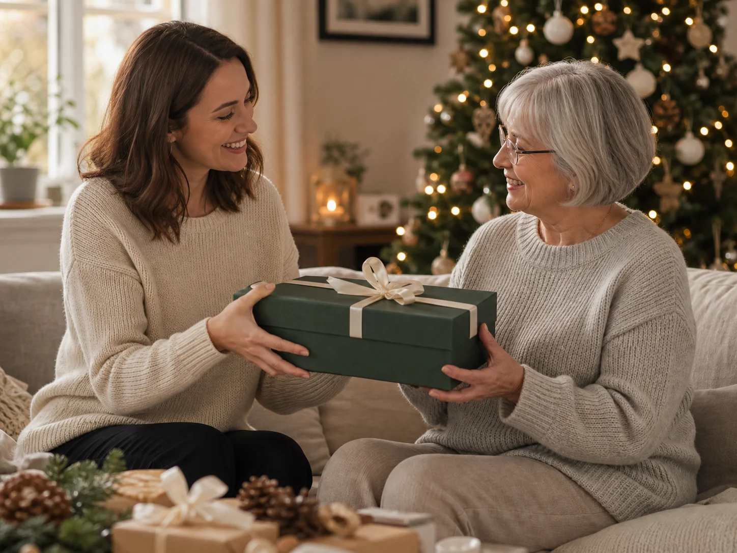 Eine erwachsene Tochter überreicht ihrer Mutter zu Weihnachten eine hochwertige Geschenkbox
