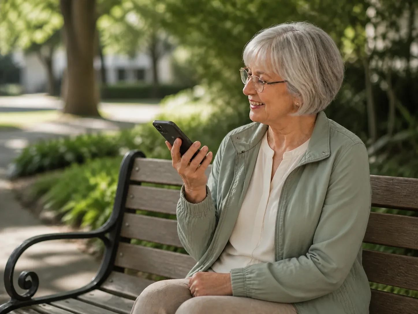Eine Mutter erzählt entspannt eine Erinnerung in ihr Smartphone, während ihre Tochter zuhört