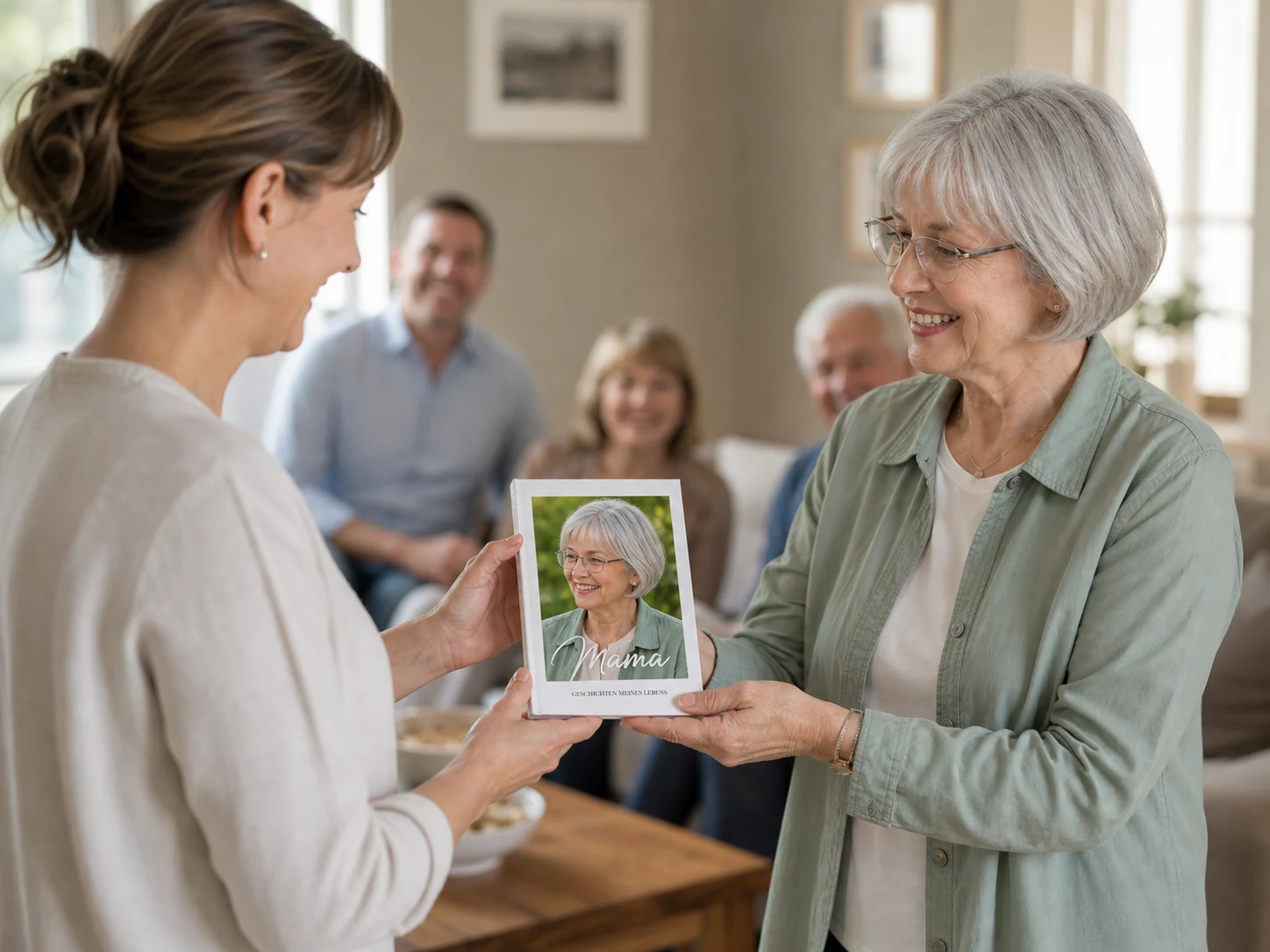 Eine Mutter gibt ihrer Tochter das fertig gedruckte Erinnerungsbuch als persönliches Dankeschön zurück