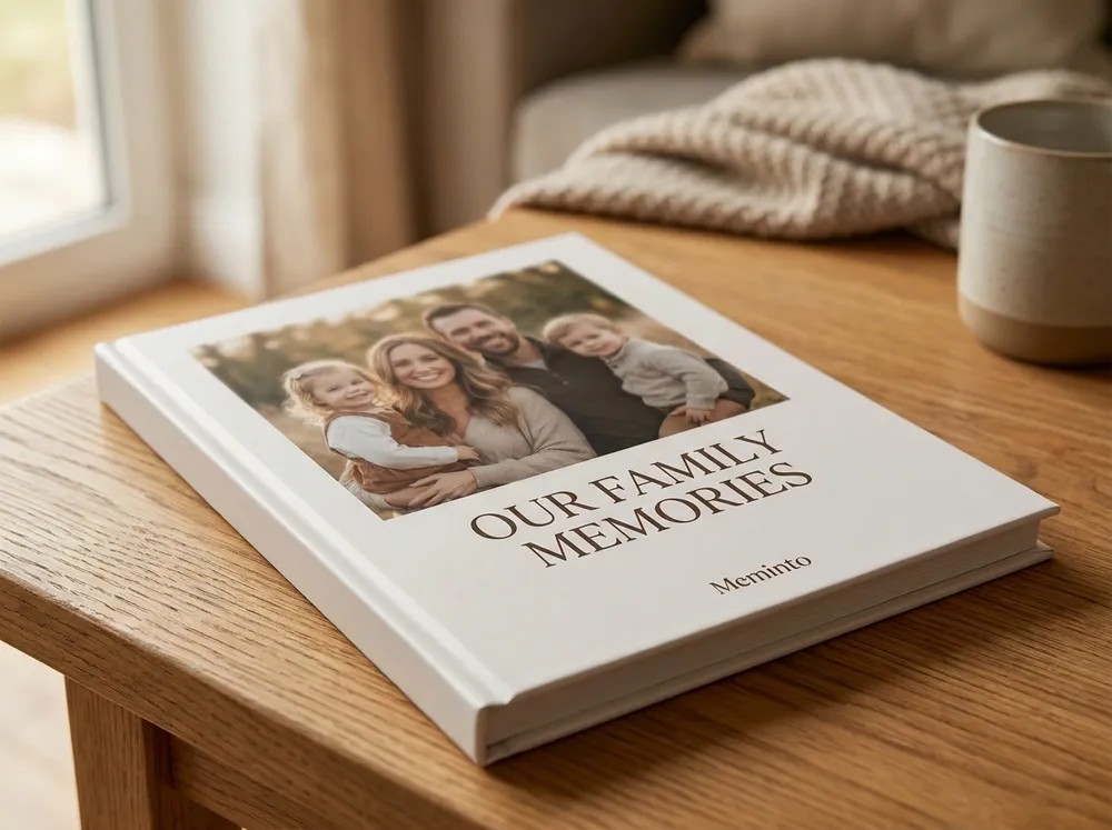 Mattes Meminto-Hardcover „Our Family Memories“ auf einem warmen Holztisch