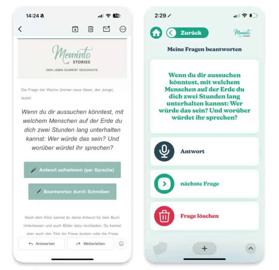 Wöchentliche Meminto-Frage in einer E-Mail und die dazugehörige Aufnahmeansicht auf dem Smartphone