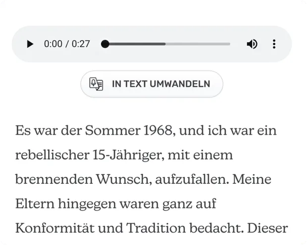 Deutsche Meminto-Ansicht mit Audioaufnahme, Schaltfläche „In Text umwandeln“ und daraus entstandenem Text