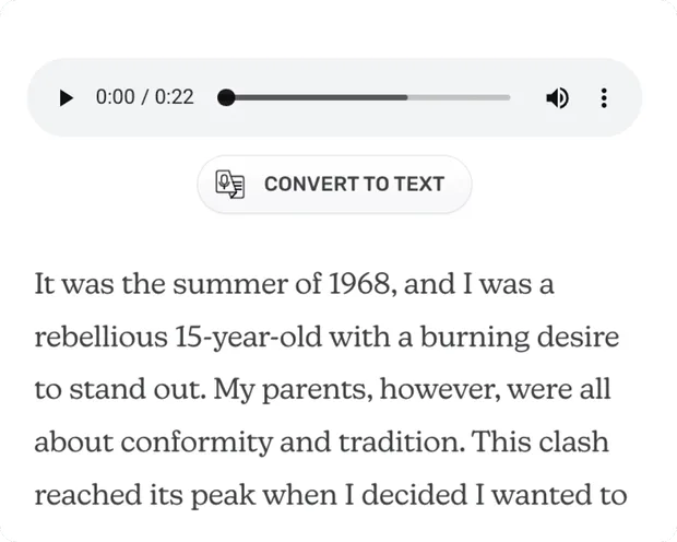 English Meminto interface with an audio recording, Convert to text button and the resulting written story