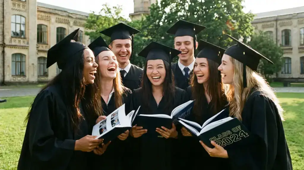 High school seniors signing yearbooks together