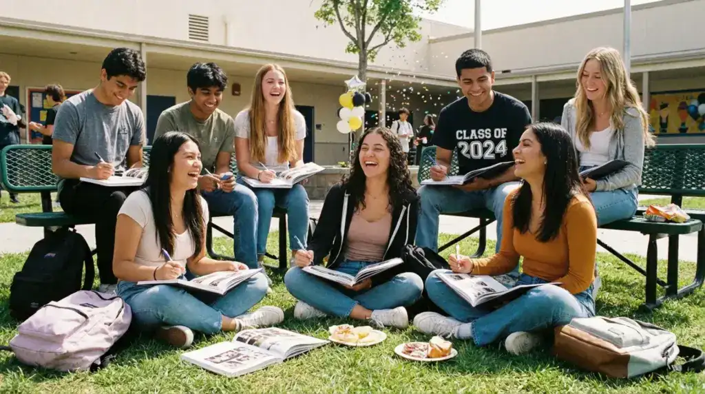 High school seniors signing yearbooks together
