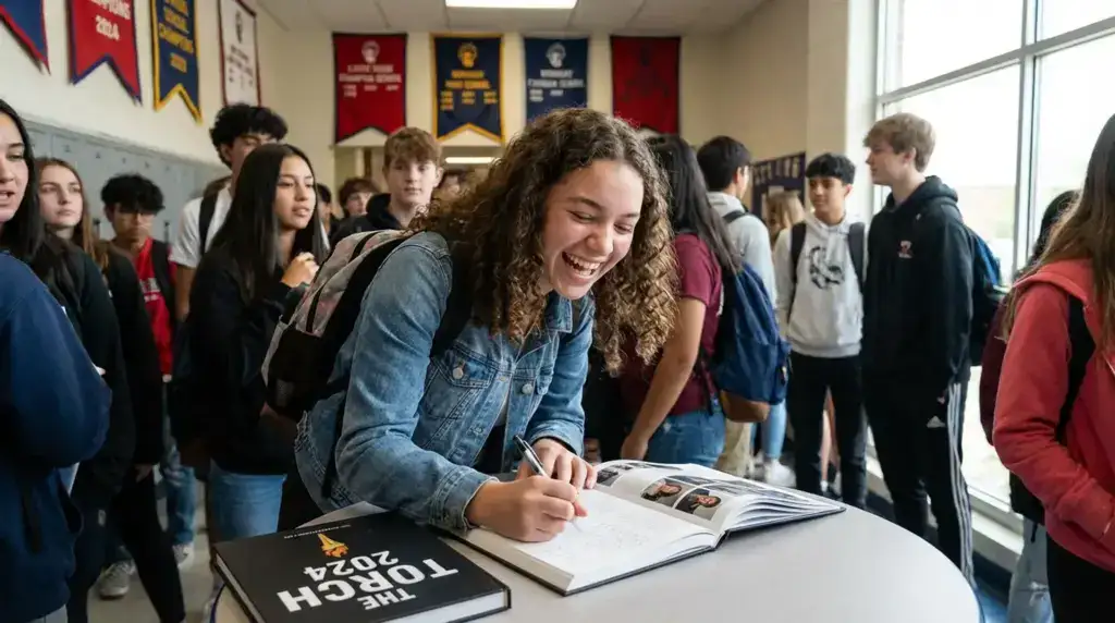 High school seniors signing yearbooks togethe