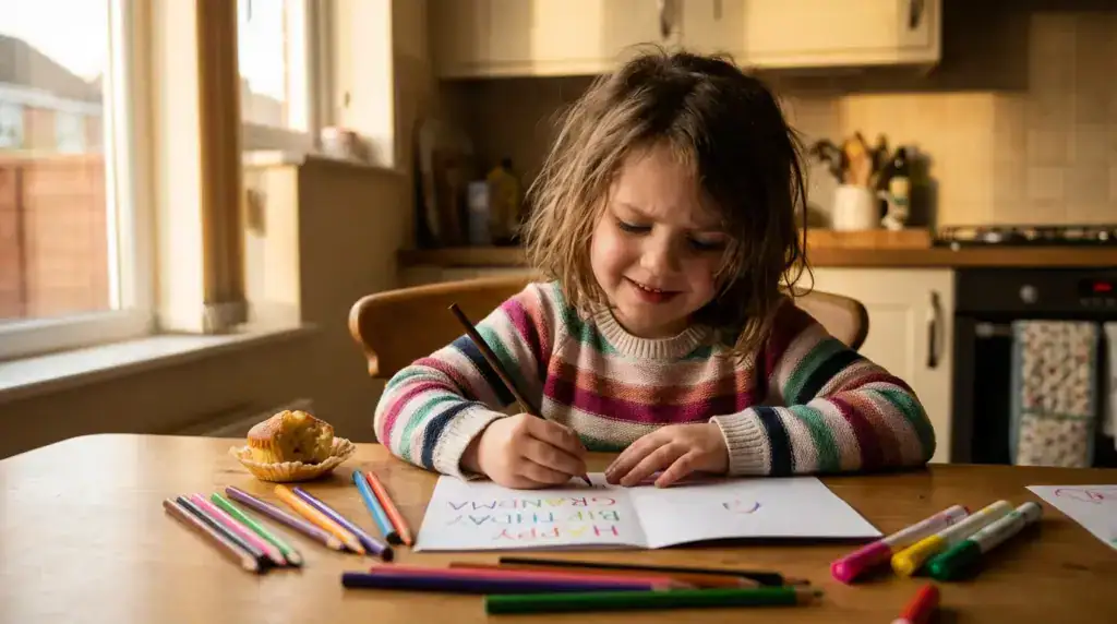 Young girl writing heartfelt birthday card for grandma with concentration and love