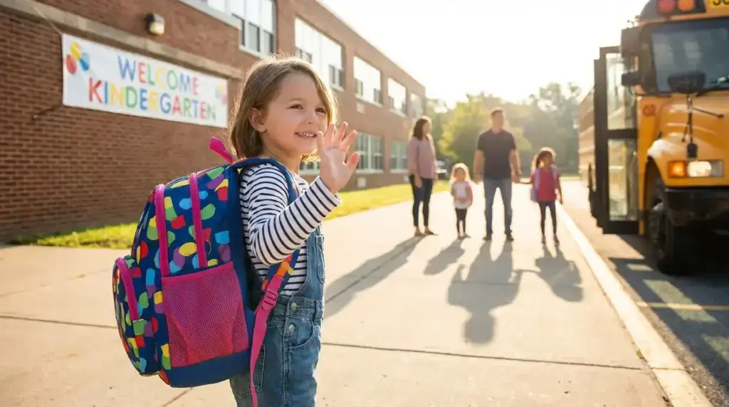 Child first day of school, waving goodbye, sunny morning