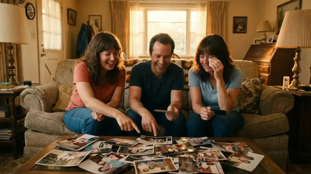 Family looking through photo album
