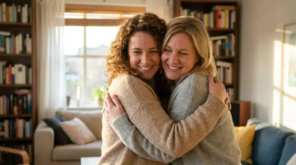 Siblings embracing at a reunion