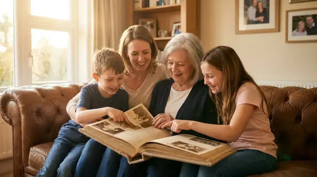 Multi-generation family with photo album preserving memories