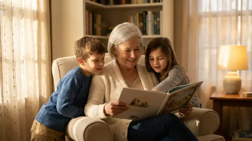 Grandmother reading to grandchildren in cozy living room