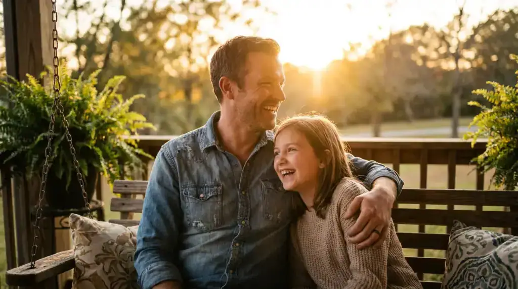 Father and daughter bonding on porch swing at sunset
