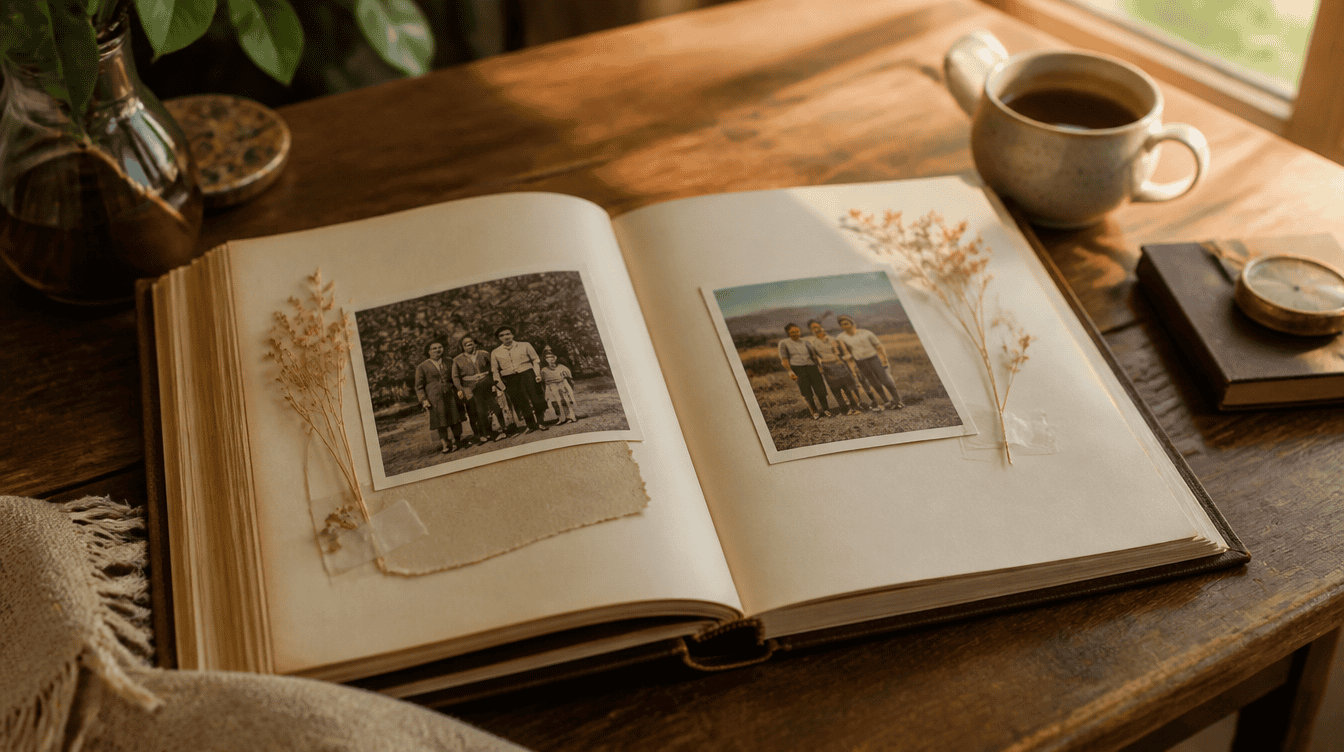 Aufgeschlagenes Erinnerungsbuch mit Familienfotos und handgeschriebenen Notizen auf Holztisch